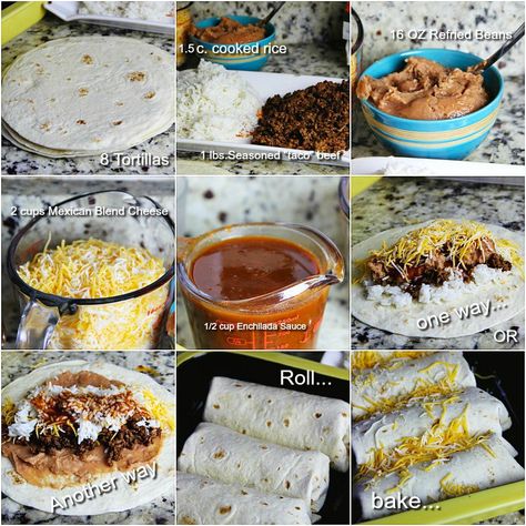 Beans, Beef and Rice Burritos - Sandra's Easy Cooking Bean Beef Burrito Recipe, Beef And Rice Burritos, Kid Friendly Party Food, Beef And Bean Burritos, Mexican Burritos, Team Meal, Rice Burrito, Bean Burritos, Healthy Beef