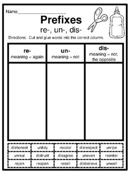 Students practice identifying un, re, and dis prefix words by cutting and gluing the prefixes into their groups with an explanation of each on the top of the columns. Answer key included. Prefix Un, Prefix Worksheet, Cut And Paste Worksheets, Cut And Glue, Prefixes And Suffixes, Study History, Teaching Activities, Digital Classroom, English Language Arts