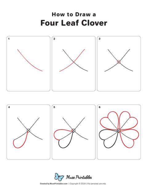 Learn how to draw a four leaf clover step by step. Download a printable version of this tutorial at https://museprintables.com/download/how-to-draw/how-to-draw-a-four-leaf-clover/ How To Draw Four Leaf Clover, How To Draw A 4 Leaf Clover, How To Draw A Clover, Four Leaf Clover Doodle, Easy Doodles Drawings Step By Step, Four Leaf Clover Painting, 4 Leaf Clover Drawing, Clover Doodle, Four Leaf Clover Drawing