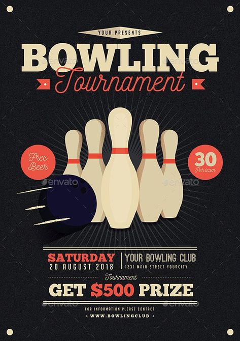 Bowling Fundraiser Flyer Template Luxury Vintage Bowling tournament Flyer by Guuver Bowling Poster Design, Bowling Graphic Design, Bowling Fundraiser, Bowling Poster, Bowling Night, Order Of Service Template, Bowling Tournament, Fundraiser Flyer, Event Advertising