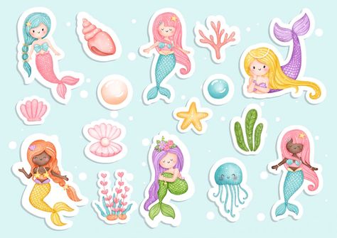 Premium Vector | Vector watercolour mermaid sticker planner and scrapbook Watercolour Mermaid, Under The Sea Background, Mermaid Cartoon, Watercolor Mermaid, Mermaid Sticker, Fantasy Mermaid, Buy Stickers, Mermaid Birthday Invitations, Mermaid Pattern