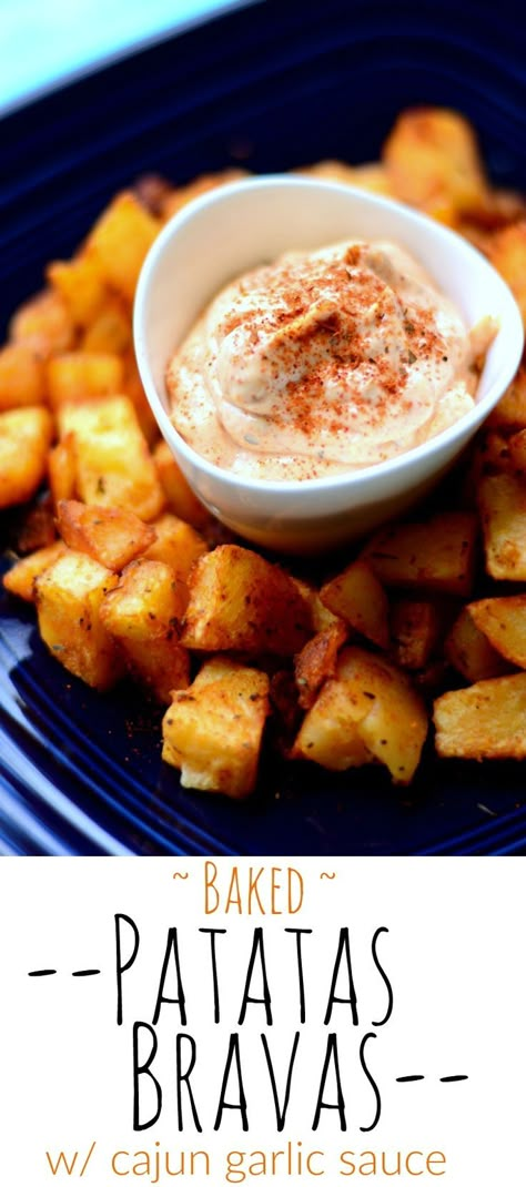 Celebrate National Potato Day and National Hot and Spicy Day with these gorgeously BAKED Patatas Bravas - the best and my favourite in any Spanish Tapas Menu!  Served with my own version of the Bravas sauce - garlic and cajun mayo - this < 30 minute appet Cajun Mayo, Bravas Sauce, National Potato Day, Tapas Night, Tapas Menu, Tapas Party, Tapas Recipes, Spanish Tapas, Spanish Dishes