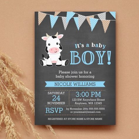 $2.90 | Chalkboard Cow Boy Baby Shower #cow baby shower, farm themed baby shower, chalkboard, boy baby shower, cute, modern, affordable baby shower, cheap baby shower, it's a boy, polka dot Cow Print Baby Shower Ideas Boy, Cow Baby Shower Invitations, Baby Shower Chalkboard, Cow Baby Shower, Baby Boy Shower Invitations, Cow Baby Showers, Cow Illustration, Background Baby, Cheap Baby Shower