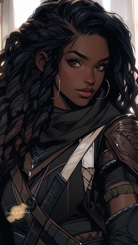 Human Artificer Female, Poc Fantasy Art, Black Woman Character Design, Black Female Character Design, Female Swordsman, Skins Characters, Dark Curly Hair, Female Soldier, Black Characters