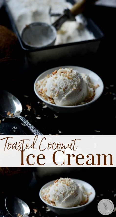 Toasted Coconut Ice Cream made with natural ingredients like coconut milk, heavy cream, sugar, coconut and vanilla extracts and flaky toasted coconut. Toasted Coconut Ice Cream, Homemade Coconut Ice Cream, Coconut Ice Cream Recipes, Coconut And Vanilla, Frozen Dessert Recipe, Coconut Ice, Coconut Ice Cream, Ninja Creami, Ice Cream Popsicles