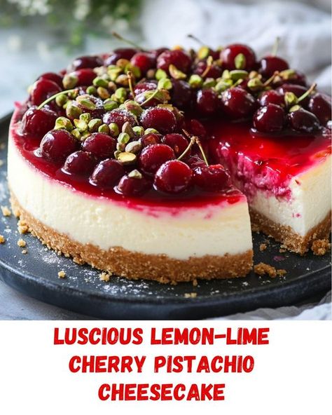 Avani Recipes | Luscious Lemon-Lime Cherry Pistachio Cheesecake | Facebook Luscious Lemon Lime Cherry Pistachio Cheesecake, Avani Recipes, Cherry Pistachio, Cheesecake Ingredients, Pistachio Cheesecake, Graham Cracker Crumbs, Graham Cracker, Lemon Lime, Granulated Sugar