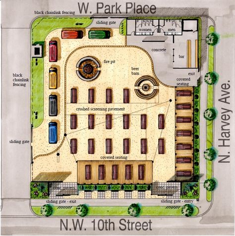 First OKC food truck court planned for Midtown, pending approval Food Truck Lot Design, Food Truck Event Festivals, Food Truck Park Design Plan, Food Truck Courtyard, Food Truck Park Ideas, Food Park Design Ideas Architecture, Food Park Architecture, Container Food Court, Food Truck Plaza Design