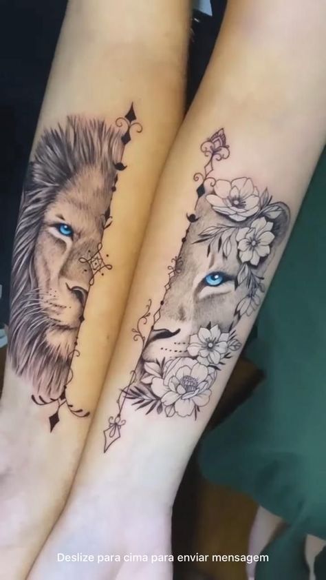 Women Lioness Tattoo Ideas, Lion With Flower Crown Tattoo, Lion His And Her Tattoos, His And Hers Lion Tattoos Couple Tat, Matching Lion And Lioness Tattoos, Lioness Arrow Tattoo, His And Hers Lion Tattoos, Women’s Lioness Tattoo, Husband And Wife Lock And Key Tattoos