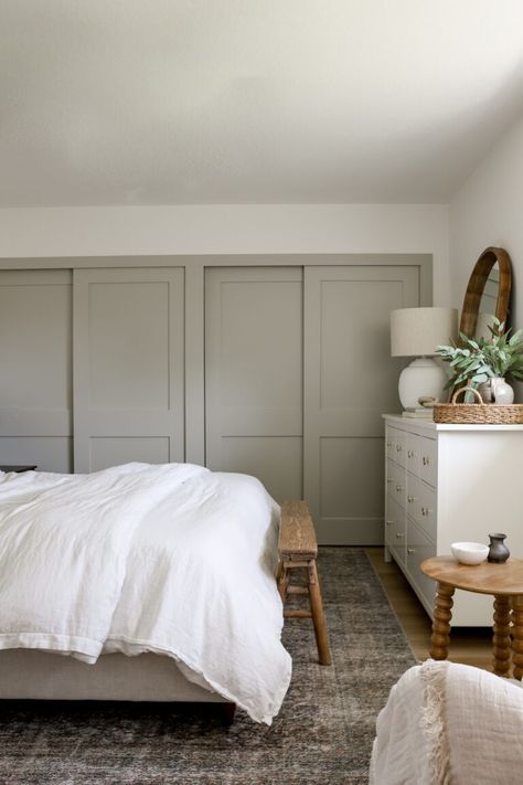 10 Greige Paint Colors You Should Know About - BLOOM AND BABE Interior Door Makeover, Organic Modern Bedroom, Halfway Wholeistic, Painted Closet, Greige Paint Colors, Greige Paint, Bedroom Redesign, Paint Palettes, Basement Storage