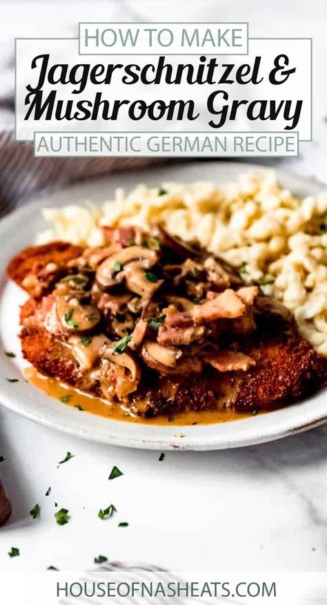 Jagerschnitzel with bacon mushroom gravy will become a family favorite in no time! This easy German dinner recipe is quick to make and perfect with spaetzel, egg noodles, or even mashed potatoes. This easy Jagerschnitzel recipe looks and tastes like you've been in the kitchen all day, but is ready in less than an hour! #schnitzel #jagerschnitzel #german #austrian #porkchops #crisp #breaded #sauce #gravy #bacon #best Jagerschnitzel Recipe, Pork Snitzel, Jaegerschnitzel Recipe, German Recipes Dinner, German Meals, Pork Schnitzel Recipe, German Dinner, German Schnitzel, German Dishes