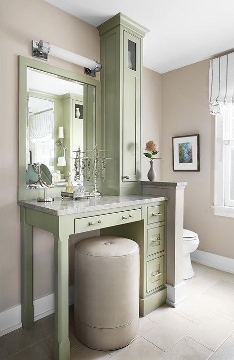 Small Bathroom Makeup Vanity, Bathroom Makeup Vanity Ideas, Vanity Ikea, Vanity Nook, Makeup Vanity In Bathroom, Vanity In Bathroom, Makeup Vanities, Bathroom With Makeup Vanity, Privacy Wall