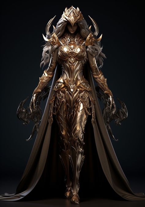 Gold Armor Aesthetic, Armor Female Design, Women Warrior Outfits, Dragon Armor Female, Fantasy Armor Dress, Fantasy Warrior Outfit, Female Armor Dress, Valkyrie Armor, Angel Armor