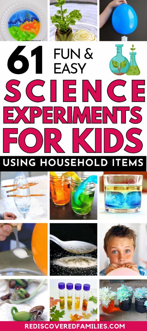 Looking for simple and fun science experiments for kids? We've gathered 61 DIY science experiments for kids that use household items. Each science project is quick to set up and enjoy at home. Head over to rediscoveredfamilies.com to find more easy science experiments for kids. Save this pin so you have home science fun on hand when needed. Science Projects For Kindergarten, Home Experiments For Kids, Science Experiments 5th Grade, At Home Science Experiments For Kids, Science Camp Activities, Home Science Experiments For Kids, Diy Science Experiments For Kids, Experiments For Kids Easy, Preschool Science Experiments