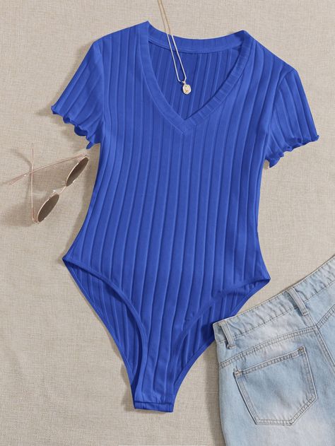 Body Azul, Slim Bodysuit, Comfy Jumpsuits, Ribbed Knit Bodysuit, Bodysuit Tops, Blue Bodysuit, Traje Casual, V Neck Bodysuit, Knit Bodysuit