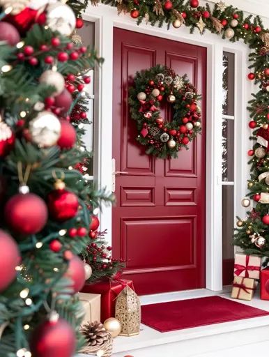 ↑↑↑ Larger size on website 🔸 A red front door is adorned with a Christmas wreath, and the surrounding area is decorated with garl Red And Gold Ornaments, Red Front Door, Wrapped Presents, Spirit Of Christmas, Gold Ornaments, Red Door, Christmas Scene, Garland Decor, Red And Gold