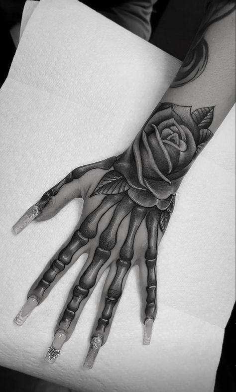 Skull Flower Hand Tattoo, Skelton On Hand Tattoo Stencil, Drawing To Do On Your Hand, Rose Skeleton Hand Tattoo, Tattoo Ideas For Hand, Skeleton Hand Tattoo Stencil, Finger Tattoo Cover Up Ideas, Small Tattoos Hand, Spider Hand Tattoo