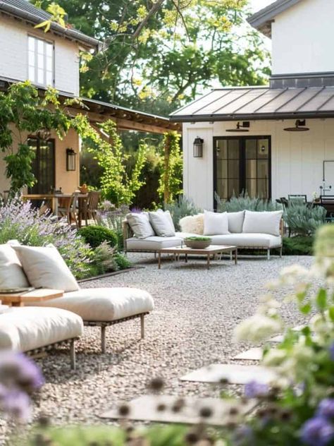 30 Gorgeous Gravel Patios: Affordable Outdoor Elegance Historic Home Backyard, Gravel Patio Off Deck, English Garden Patio Furniture, Pebble Gravel Patio, European Garden Patio, California Coastal Backyard, Outdoor Gravel Sitting Area, Concrete Patio Landscaping Ideas, Outdoor Paver Patio Ideas