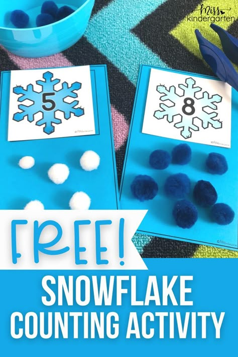 I can't think of a better winter math activity than counting snowflakes! Grab this FREE snowflake counting activity for your kindergarten math centers. Add a pair of jumbo tweezers to add some fine motor practice as the students count snowflakes. Teaching Winter To Preschool, Ten Sparkly Snowflakes Activities, Snowflake Math Kindergarten, Prek Winter Math Activities, Winter Centres For Kindergarten, Snowflake Counting Preschool, Winter Math Games Kindergarten, Winter Math Activities For Kindergarten, Snowflake Math Activities