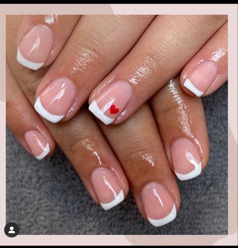 Red French Valentines Day Nails, White French Valentines Nails, Valentines Nail French Tips, Short Acrylic Nails February, Valentines Nails Designs French Tips, French Manicure Valentines Day Nails, Valentines Day Manicure Ideas, White Tip Valentines Day Nails, French Nail Designs Valentines Day