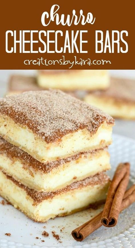 Churro cheesecake bars are sure to become a favorite dessert! The crunchy cinnamon of churros combined with the creamy tanginess of cheesecake. An easy and delectable dessert recipe! #churrocheesecakebars #churrocheesecake #churro #cheesecakebars #cinnamondessert -from Creations by Kara Cheesecake Churro, Churro Cheesecake Bars, Biscotti Cheesecake, Cinnamon Desserts, Churro Cheesecake, Cheesecake Bar Recipes, Dessert Aux Fruits, Crazy Cakes, Cheesecake Bars