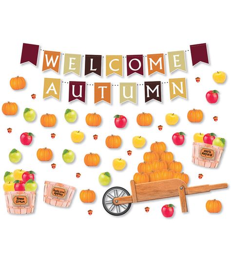 Autumn Bulletin Board, Math Story Problems, 3 Baskets, Summer Bulletin Boards, Fall Flags, Wooden Cart, Winter Bulletin Boards, Fall Bulletin Boards, Welcome Autumn