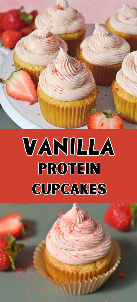 Indulge in the ultimate treat with our Vanilla Protein Cupcakes! Infused with warm vanilla and crafted from simple ingredients, these cupcakes redefine deliciousness. Featuring a fluffy texture, luscious strawberry filling, and creamy buttercream frosting, they burst with flavor while remaining remarkably easy to make. Loved by all who've tried them, these cupcakes are a guaranteed hit—don't be surprised if you're asked for the recipe after sharing them with friends and family! Protein Powder Cupcakes, Cupcakes With Pudding Mix Vanilla, High Protein Cupcakes, Vanilla Protein Powder Desserts, Vanilla Protein Muffins, Healthy Vanilla Cupcakes, Cupcakes With Strawberry Frosting, Chocolate Strawberry Cupcakes, Protein Cupcakes