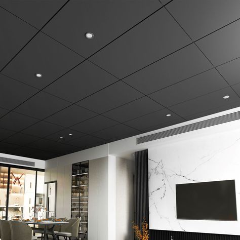 Ceiling Tile Art Science, Ceiling Tiles With Lights, Black Wallpaper Ceiling Bedroom, Industrial Basement Ceiling Lights, Basement Fabric Walls, Basement Ceiling Options Overstock, Fasade Ceiling Tiles, Covering A Drop Ceiling With Fabric, Black Ceiling For Shop