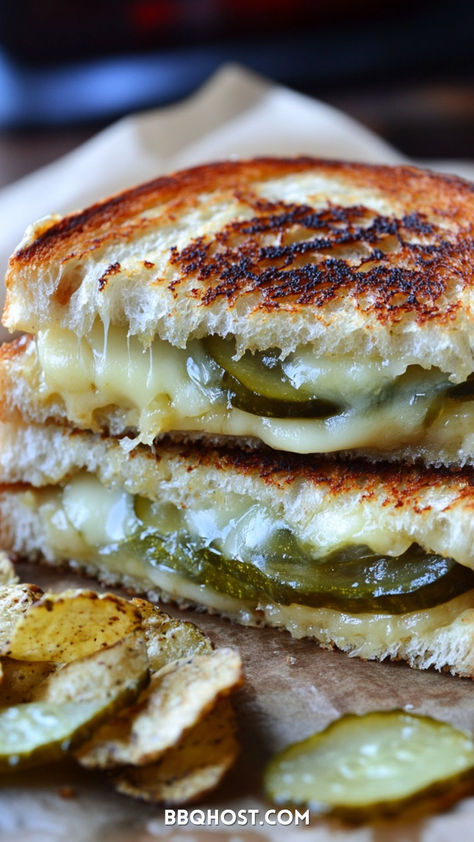 Pickle Grilled Cheese: the ultimate treat for pickle lovers! This easy recipe combines tart pickle slices, crispy potato chips, and gooey cheese for a satisfying crunch with every bite. It’s a fun upgrade to your regular grilled cheese and so simple to make! Save this now and check out the blog for 50+ recipes! Pickle Grilled Cheese, Fontina Grilled Cheese, Cheese And Pickle Sandwich, Pickle Sandwich, Crispy Potato Chips, Quick And Easy Comfort Food, Grilled Cheese Sloppy Joe, Grilled Ham And Cheese, Grilled Taco