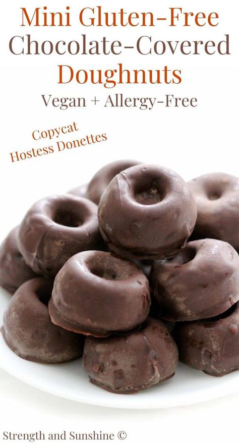 Gluten-Free Chocolate-Covered Mini Doughnuts (Vegan, Allergy-Free) | Strength and Sunshine | These Gluten-Free Chocolate-Covered Mini Doughnuts are baked and dipped in rich, dairy-free dark chocolate! They're vegan, allergy-free, so quick and easy to make! Only 7 ingredients needed for this fun, kid-friendly donut dessert and nostalgic copycat recipe of Hostess chocolate frosted Donettes! #minidonuts #bakeddonuts #chocolatecovered #glutenfreedessert #chocolatedonuts Donut Dessert, Mini Doughnuts, Gluten Free Donuts, Gluten Free Sweet, Allergy Free Recipes, Gf Desserts, Gluten Free Sweets, Gluten Free Dairy Free Recipes, Dairy Free Dessert