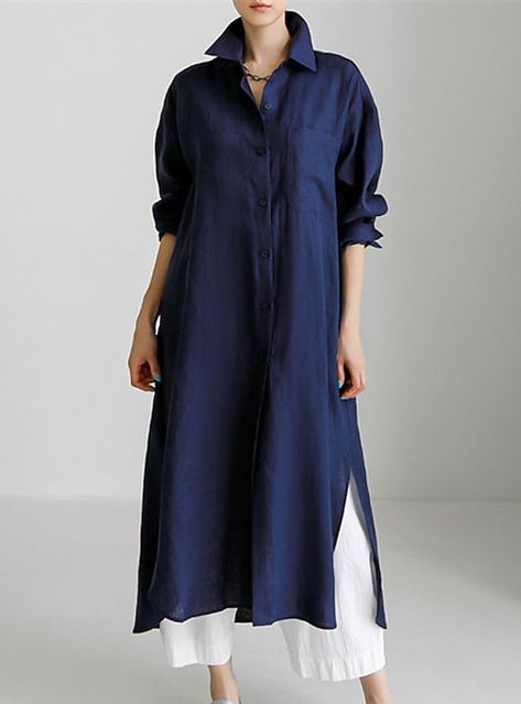 Comfy Maxi Dress, Navy Blue Midi Dress, Dresses Casual Winter, Cotton Linen Dresses, Cotton Shirt Dress, Maxi Dress Navy, Shirt Dress Casual, Solid Color Shirt, Kimono Cardigan