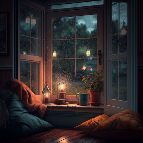 Comfy Illustration, Cozy Ghibli, Scene Quotes, Comfy Rooms, Happy Drawings, Bedroom Aesthetic Cozy, Rainy Window, Aesthetic Paintings, Cozy Rainy Day