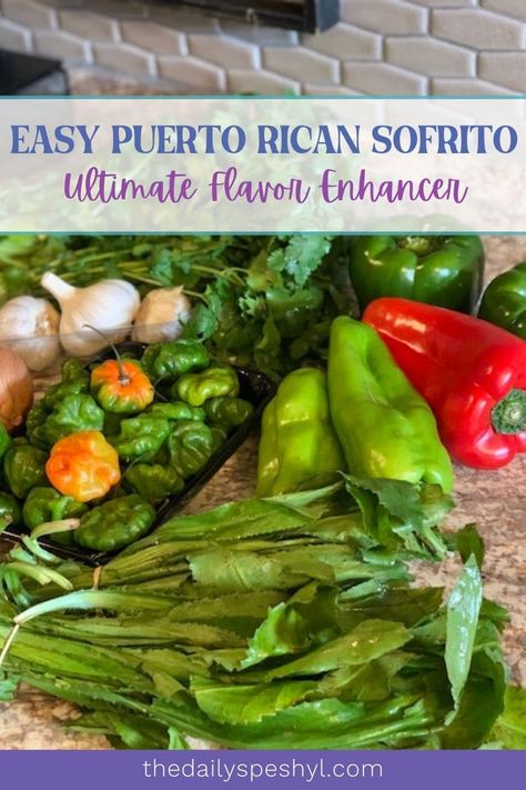 Elevate your cooking with this easy Puerto Rican sofrito recipe! Made with a mix of peppers, herbs, garlic, and citrus juice, it adds amazing flavor to any dish. Visit thedailyspeshyl.com for the full recipe. #EasySofrito #FlavorEnhancer #PuertoRicanFlavors #TheDailySpeshyl Easy Puerto Rican Meals, Recaito Recipe, Puerto Rican Sofrito Recipe, Sofrito Recipe Puerto Rican, How To Make Sofrito, Puerto Rican Sofrito, Sofrito Recipe, Flavorful Meals, Puerto Rico Food