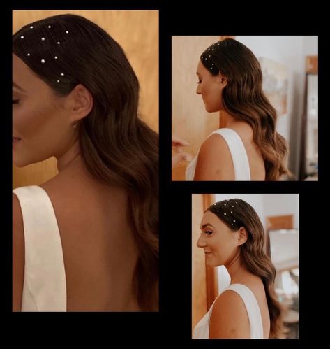 Hollywood waves with stick on pearls in the hair Pearls Hair Wedding, Pearl Hollywood Waves, Wedding Hair With Pearl Headband, Slick Front Hollywood Waves, Hollywood Curls With Pearls, Hollywood Waves Pearls, Hollywood Waves With Pearls, Pearls In Hair Wedding, Slick Front Hair Down