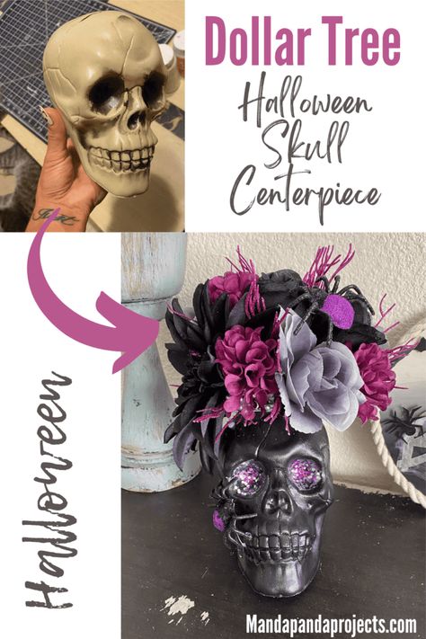 No Halloween decorations are complete without a beautiful centerpiece to steal the show! This DIY Dollar Tree Skull Centerpiece is just the perfect amount of spooky, glam, and gorgeous and can be made on a budget too! #DIYhalloweendecor #skull #dollartreediy Diy Goth Centerpieces, Adams Family Centerpieces, Dollar Tree Halloween Centerpiece Ideas, Halloween Centerpiece Decorations, Diy Halloween Candelabra Centerpiece, Dollar Tree Foam Skull Crafts, Diy Halloween Vase Ideas, Skull Crafts Diy Ideas, Skull Ideas Decor