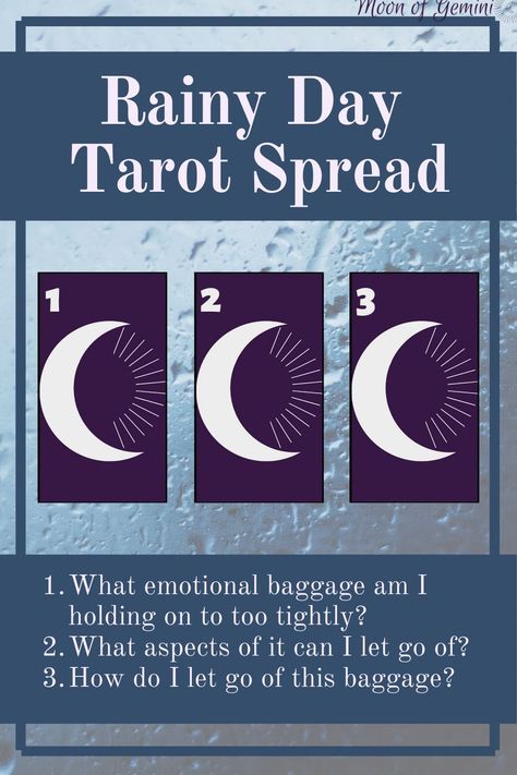 tarot spread for rainy days - how to feel lighter and free Rainy Day Witchcraft, 3 Card Tarot Spread, Tarot Card Layouts, Oracle Card Spreads, Tarot Reading Spreads, Tarot Cards For Beginners, Emotional Baggage, Tarot Book, Tarot Card Spreads