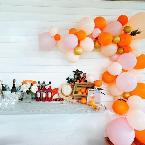 Summer In Italy Bachelorette, Aperol Spritz Party Decorations, Aperol Spritz Engagement Party, Spritz Themed Bridal Shower Ideas, Aperol Spritz Bridal Shower Theme, Aperol Spritz Party Theme, Tuscany Pool, Italian Bachelorette, Orange Balloon Arch