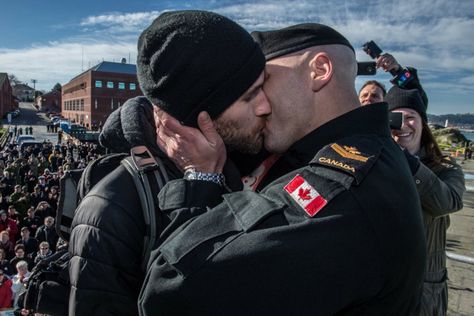 Canadian Forces Master Seaman Francis Legare, right, shares a 'first kiss' with partner Corey upon returning home in Victoria, British Columbia. Men Kissing, Gay Romance, Men In Uniform, Two Men, Gay Love, Man In Love, Modern Family, Bodybuilder, Male Beauty