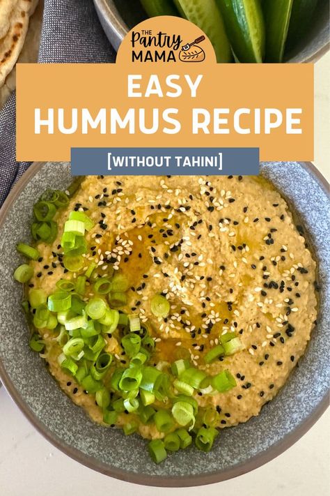 Easy hummus recipe without tahini that's way better than store bought! Serve this easy tahini free hummus with sourdough pita chips! Ranch Hummus Recipe, Tahini Free Hummus Recipe, Easy Hummus Recipe Without Tahini, Garbanzo Recipes, Mediterranean Food List, Hummus Recipe With Tahini, Hummus Recipe Without Tahini, Sourdough Pita, Hummus Without Tahini