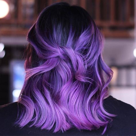 Purple Hair Color For Short Hair, Purple Long Bob, Chin Length Purple Hair, Light Purple Hair Balayage, Purple Color Hair Ideas, Purple Dimensional Hair, Dyed Hair Inspiration Short Hair Purple, Types Of Purple Hair, Black To Purple Ombre Hair Short