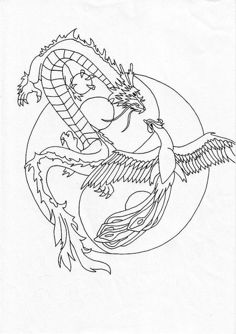 Dragon And Phoenix Art, Phoenix Chinese, Symbols Of Strength Tattoos, Phoenix Dragon, Chinese Dragon Tattoos, Dragon Coloring, Yin Yang Tattoos, Geometric Tattoo Arm, Chinese Tattoo