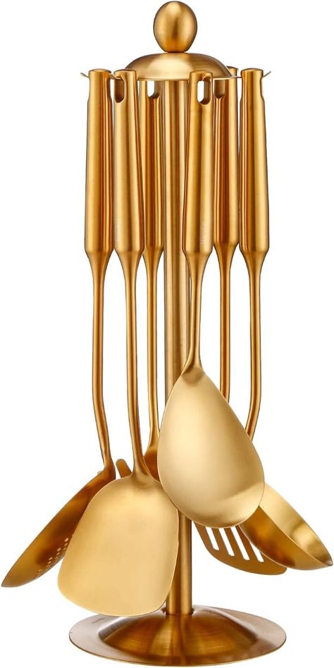 Amazon.com: Gold Kitchen Utensils Set with Stand – 7 Piece 304 Stainless Steel Brass Cooking Tools with Rotating Holder, Spatula, Slotted Turner, Ladle, Skimmer, Pasta Server, Large Rice Spoon : Home & Kitchen Gold Kitchen Utensils, Gold Utensils, Rice Spoon, Pasta Server, Kitchen Utensils Set, Stainless Steel Kitchen Utensils, Stainless Steel Utensils, Utensils Set, Kitchen Utensil Holder