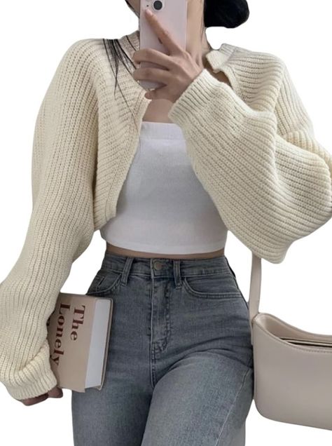 How To Style Crop Cardigan, Cheap Fitted Cropped Cardigan, Fall Outfits With Cardigans, Arm Warmers Y2k, Y2k Style Fitted Sweater, Y2k Style Knitted Long Sleeve Sweater, Elegant Fall Outfits, Cool Style Outfits, Korean Cropped Cardigan