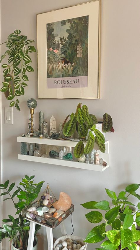 Plants With Crystals, Ceiling Decor Aesthetic, Crystals And Plants Aesthetic, Green Maximalist Bedroom, Crystal Display Ideas, Weird Home Decor, Apartment With Plants, Plant Room Aesthetic, Plants Crystals