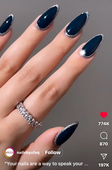 Navy Nail Art, Navy Blue Nail Designs, Dark Nail Art, Blue And Silver Nails, Dark Blue Nails, Navy Nails, Navy Blue Nails, Blue Acrylic Nails, Blue Nail Art