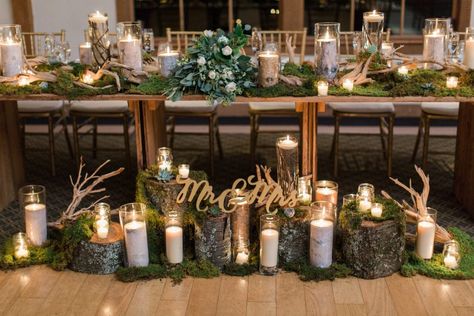 Green, white, cream, blush, eucalyptus, wedding, moss and wood stumps, candles sweatheart table. Moss And Blush Wedding, Sweetheart Table Candles, Sweatheart Table, Arranged Flowers, Moss Wedding, Backyard Wedding Decorations, Wood Stumps, Tall Wedding Centerpieces, Head Table Wedding