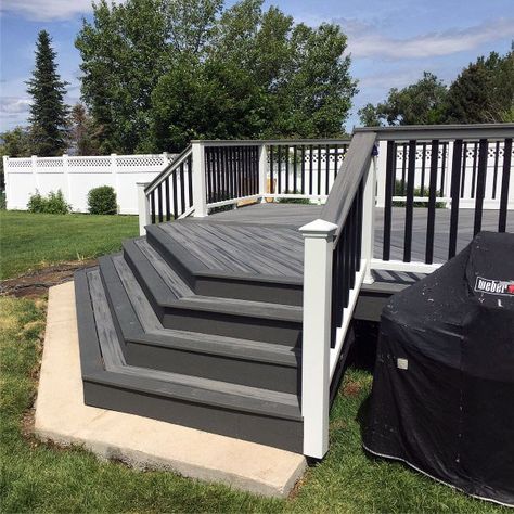 Top 50 Best Deck Steps Ideas - Backyard Design Inspiration Dark Grey House With Deck, Dark Grey Decking Ideas, Patio Steps Ideas Backyards, Dark Grey Decking, Grey Deck Ideas, Dark Grey Deck, Deck Steps Ideas, Steps Backyard, Trex Deck Ideas