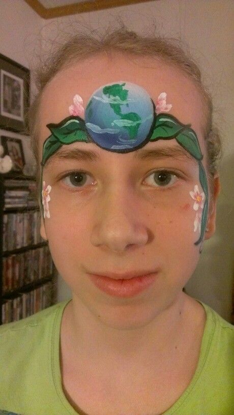 Earth Day face painting design by Brandi Menfi, inspired by unknown artist. Save Earth Face Painting, Earth Day Face Paint, Earth Face Painting, Earth Day Makeup, Childcare Crafts, Multicultural Festival, Painted Earth, Face Paints, Face Paint Makeup