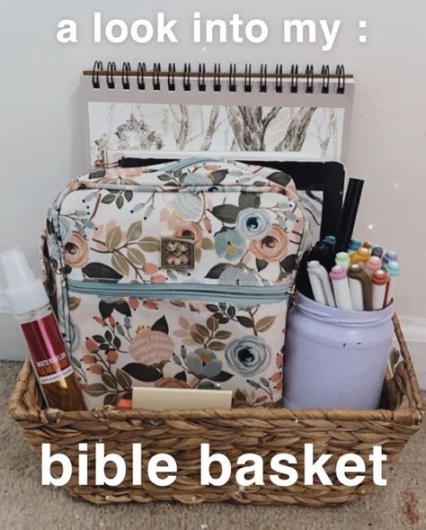 Bible Study Closet, Bible Storage Ideas, Bible Study Desk Setup, Prayer Basket Ideas, Bible Study Nook, Praying Closet Ideas, Bible Study Basket Ideas, Bible Study Decorations, Bible Study Corner In Room Ideas