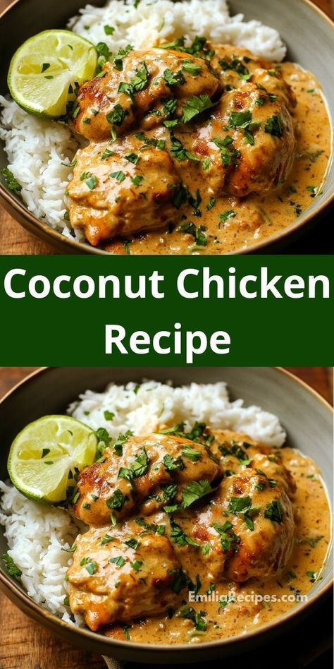 Craving chicken recipes? This Coconut Chicken recipe is perfect for dinner ideas. It’s one of the best chicken recipes healthy enough for the whole family, combining coconut with tender chicken breast. Whole Chicken Coconut Milk, Shrimp And Chicken Curry, California Chicken Recipe, Coconut Rice Chicken Recipe, Coconut Ginger Chicken, Chicken Breast Coconut Milk Recipes, Chicken Tender Dinner Ideas Healthy, Spiced Coconut Basil Chicken, Coconut Milk Chicken Thighs