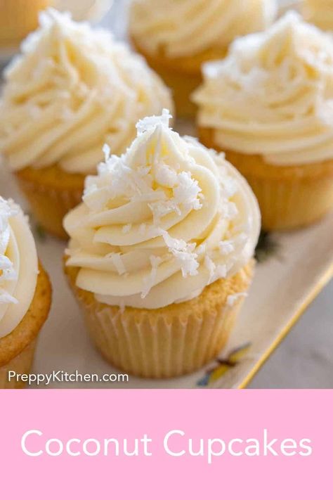 Soft, fluffy, and flavorful, these Coconut Cupcakes topped with coconut cream cheese frosting are such a delightful treat. These cupcakes are so easy to make as well as moist and sweet. These coconut flavored cupcakes are perfect for any occasion, from birthdays to potlucks, as they're always a crowdpleaser. Lemon Coconut Cupcake Recipes, Coconut Frosting Recipe, Coconut Cream Cupcakes, John Kanell, Coconut Cupcake Recipes, Flavored Cupcakes, Coconut Cakes, Lemon Cupcake Recipe, Coconut Cream Cheese Frosting